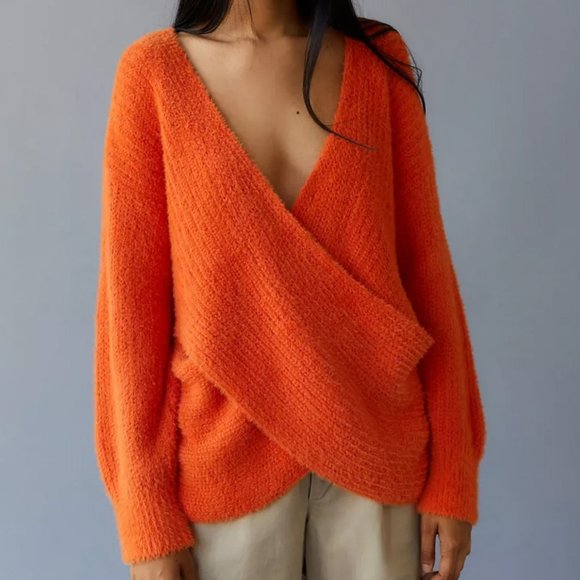 NEW Urban Outfitters Orange Kane Wrap Soft Fuzzy Knit Cozy Sweater $69 M or L - Picture 7 of 9